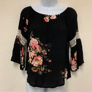 Adara Black Floral Top 3/4 Bell Sleeve Size S
